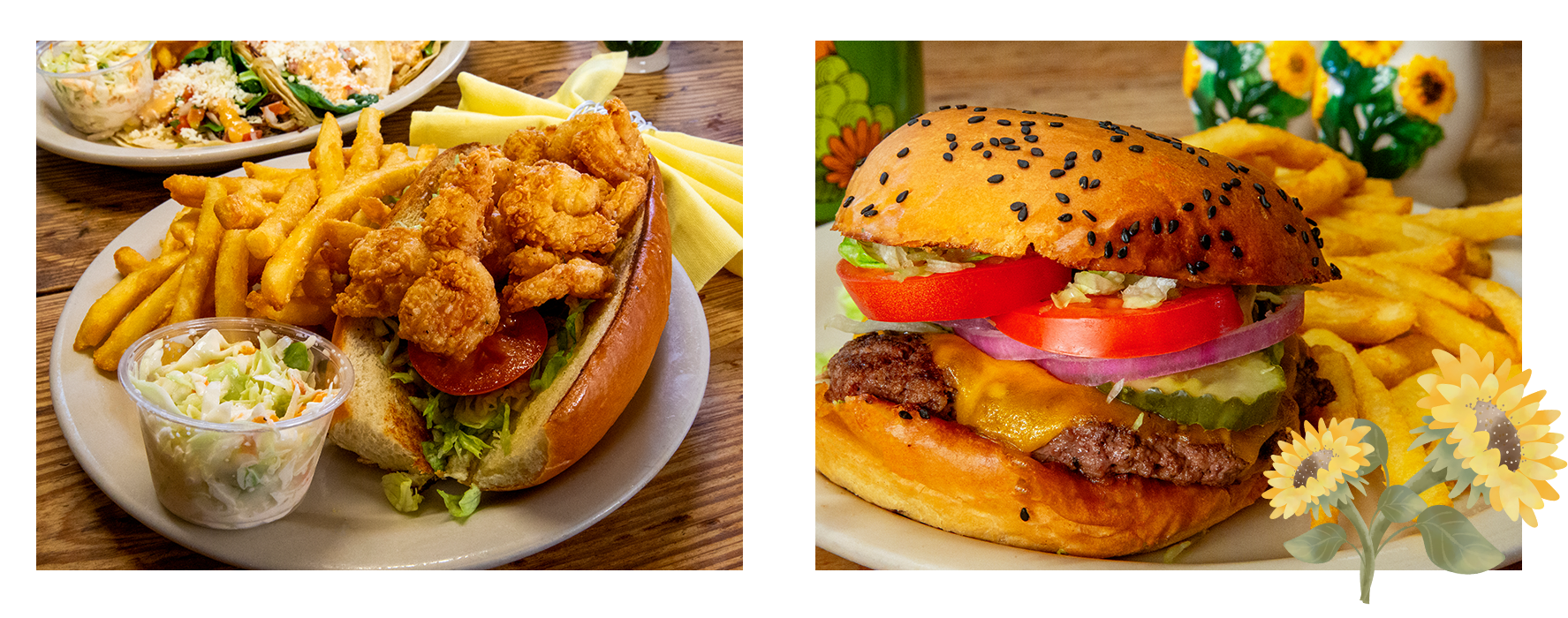 Shrimp po-boy and cheeseburger at The Sunflower